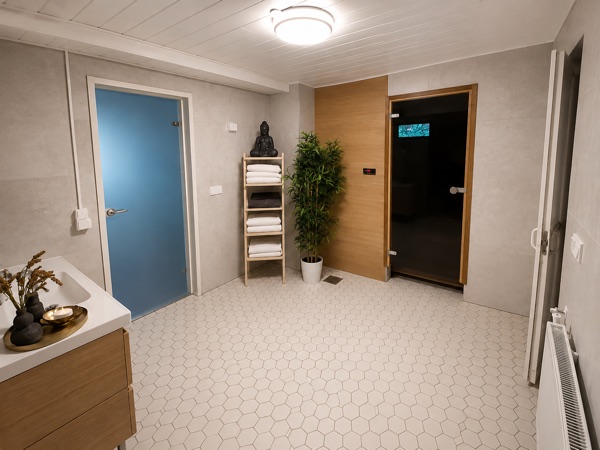 Laatoitettu ja vedeneristetty pesuhuone, jossa kuusikulmainen lattialaatoitus ja lasiovinen sauna